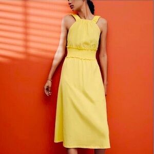 Zara Cotton Smocked Boho cottagecore open back Midi Dress in Yellow women size L